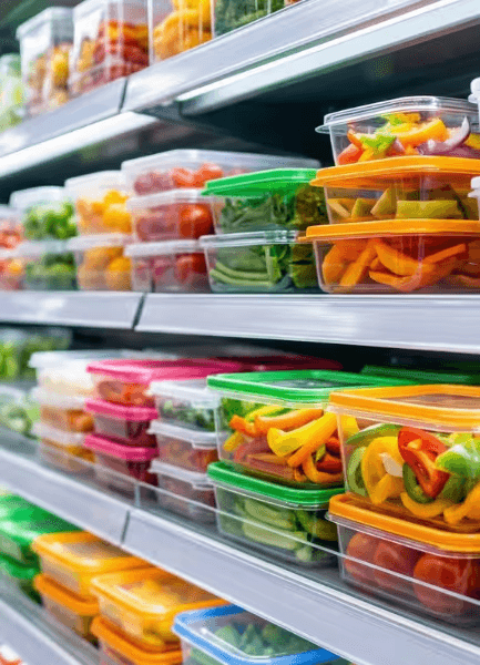 Colorful food products in plastic containers on supermarket shelves