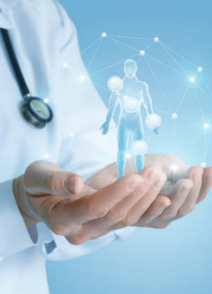 Healthcare professional holding medical device with digital health visualization