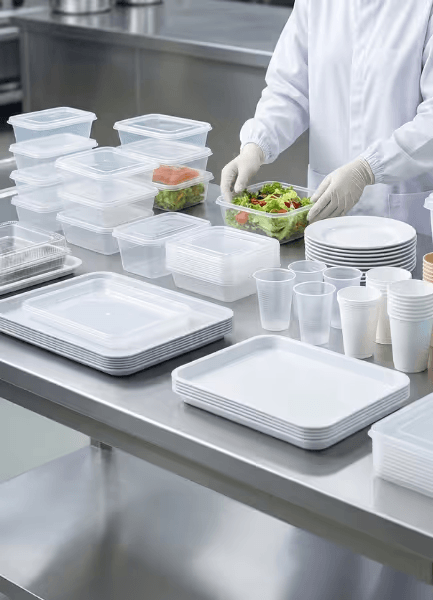 Chef in white uniform preparing food with plastic containers in a professional kitchen